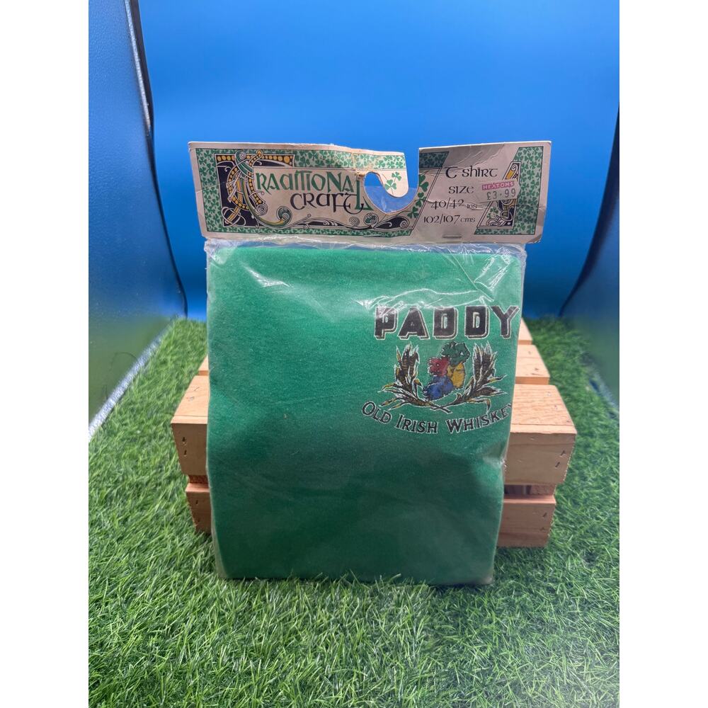 Vintage 80s Paddy Old Irish Whiskey T-Shirt - Green Deadstock -New in Pack-Large